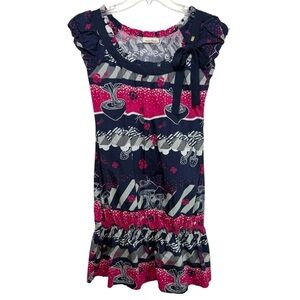 DKNY Mushroom Print Babydoll Dress Size Small Cotton Navy Pink Y2K